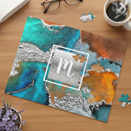 モノグラム大理石水彩銀ターコイズオレンジ ジグソーパズル