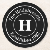 モノグラム家モダン姓BW パーソナライズされた ラウンドペーパーコースター (正面)