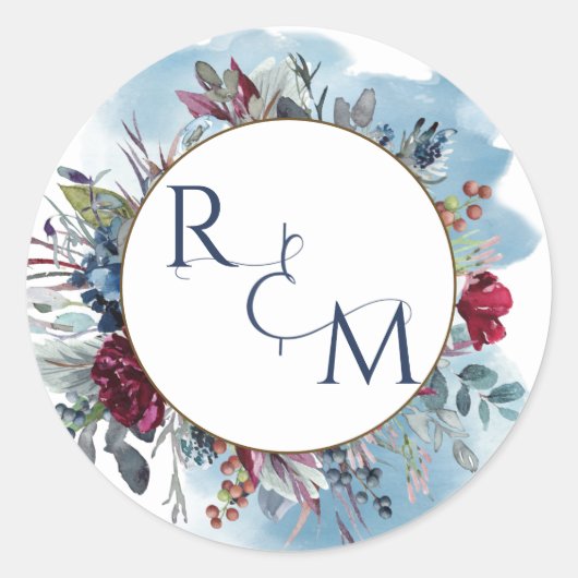 モノグラム封筒用シールブルーブルゴーニュ結婚ーズ ラウンドシール (正面)