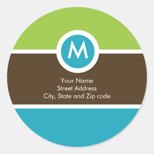 モノグラム差出人住所ステッカー – 緑/青/茶色 ラウンドシール (正面)