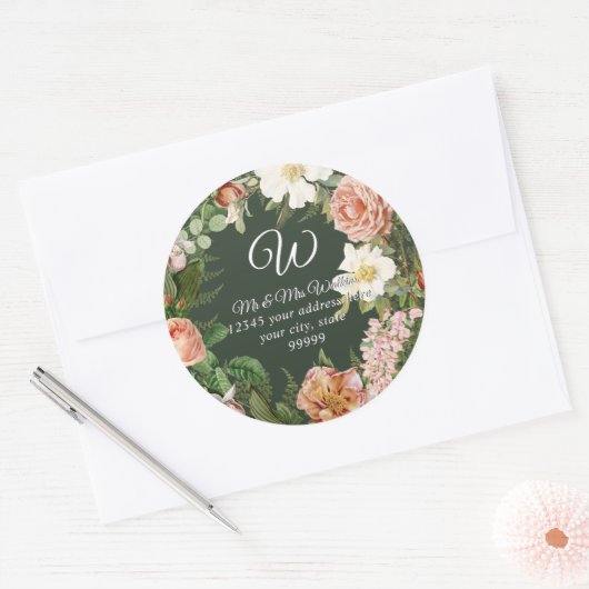 モノグラム差出人住所フォレストアイボリー牡丹フローラ ラウンドシール (封筒)