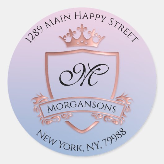 モノグラム差出人住所王室のクラウンスモークブルーピン ラウンドシール (正面)