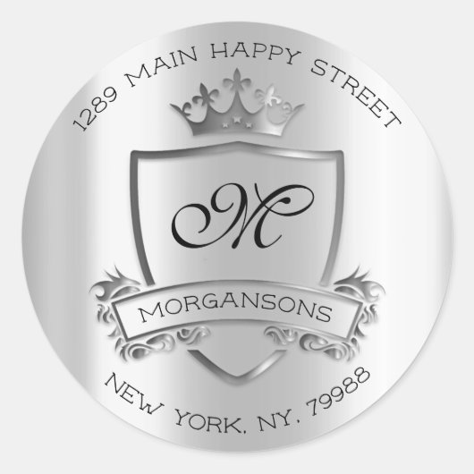 モノグラム差出人住所王室のクラウン結婚シルバー ラウンドシール (正面)