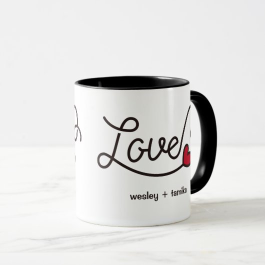 モノグラム愛モダンなタイポグラフィの芸術の赤いハート マグカップ (正面右)