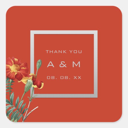 モノグラム感謝していグレーフレーム銀フローラサンゴ スクエアシール (正面)