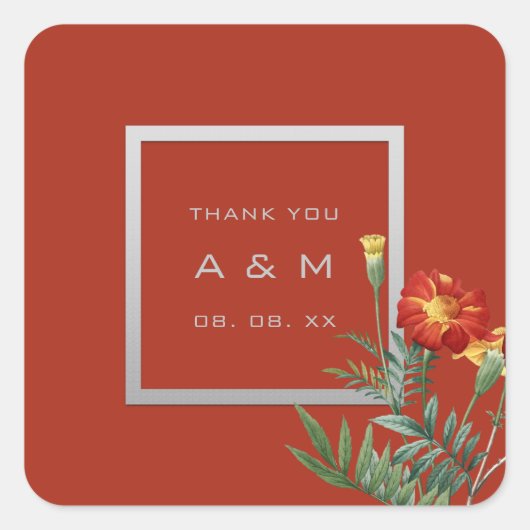 モノグラム感謝していグレーフレーム銀フローラサンゴ スクエアシール (正面)