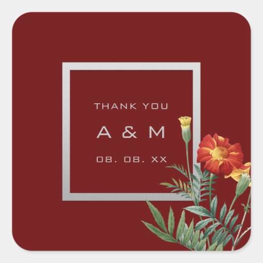 モノグラム感謝していグレーフレーム銀フローラマルーン スクエアシール (正面)