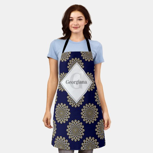 モノグラム我々は見ている海軍と金ゴールド水玉模様 エプロン (着用した状態)