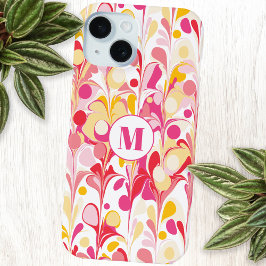 モノグラム抽象芸術パターンピンクマーブルレトロ iPhone 15ケース
