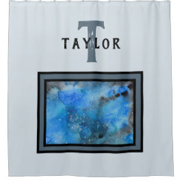 モノグラム抽象芸術ブルーブラックウォーターカラーファインアート シャワーカーテン