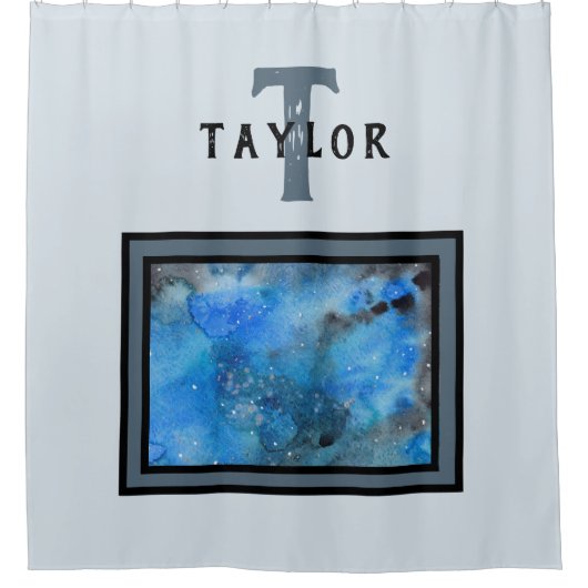 モノグラム抽象芸術ブルーブラックウォーターカラーファインアート シャワーカーテン (正面)