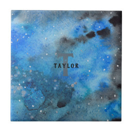 モノグラム抽象芸術ブルーブラックウォーターカラーファインアート タイル