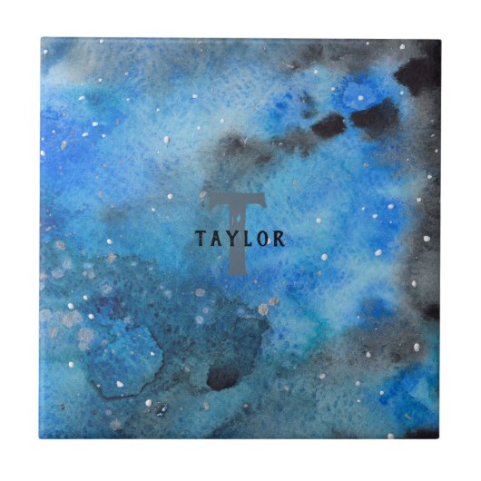 モノグラム抽象芸術ブルーブラックウォーターカラーファインアート タイル (正面)