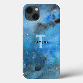 モノグラム抽象芸術ブルーブラックウォーターカラーファインアート iPhone 13ケース