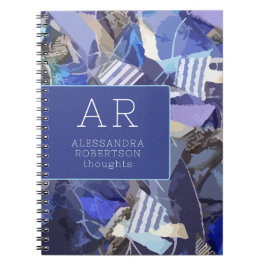 モノグラム抽象芸術ブルー海軍パープル白ストライプ色 ノートブック