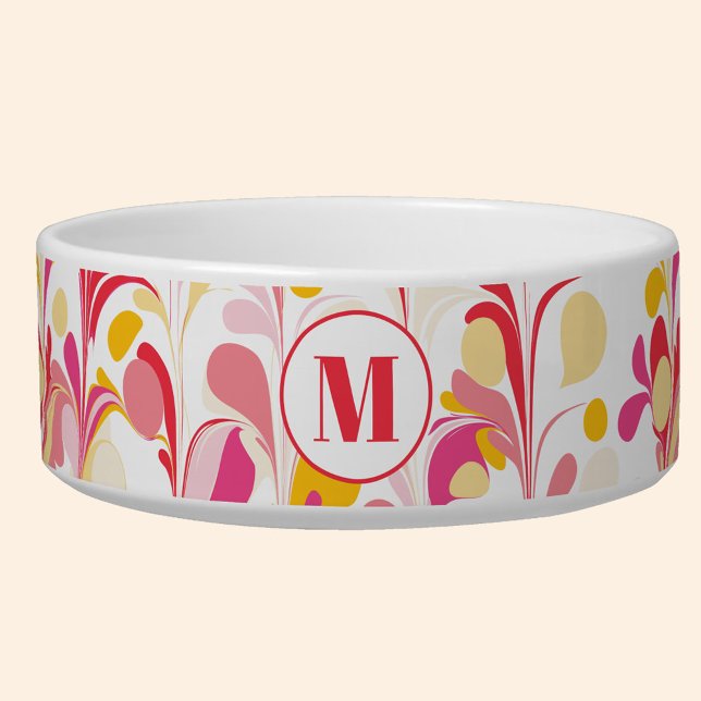 モノグラム抽象芸術レトロ大理石パターン ボウル (Retro abstract marble pattern pink yellow monogram personalized ped food bowl)