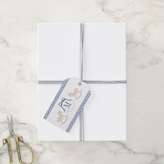 モノグラム揺動馬ベビーシャワーメッセージカード ギフトタグ (より糸付き)