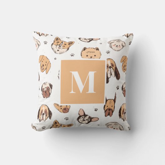 モノグラム文字かわいいドードルドッグパターンドッグ恋人 クッション (正面)