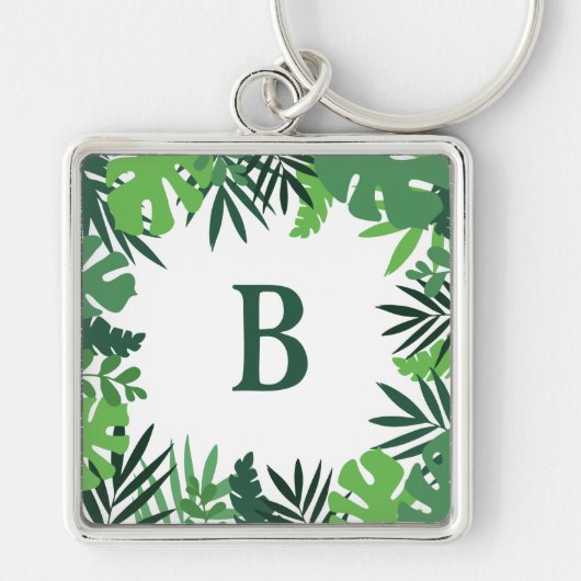 モノグラム文字グリーン熱帯パーム葉ジャングル キーホルダー (正面)