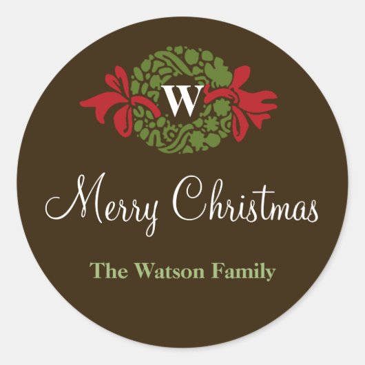 モノグラム文字リースクリスマスホリデーギフトラベル ラウンドシール (正面)