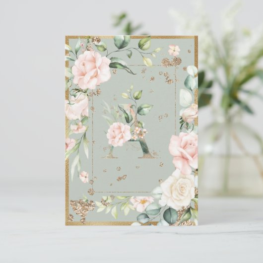 モノグラム文字A緑のフローラエレガント水色 サンキューカード (スタンド正面)