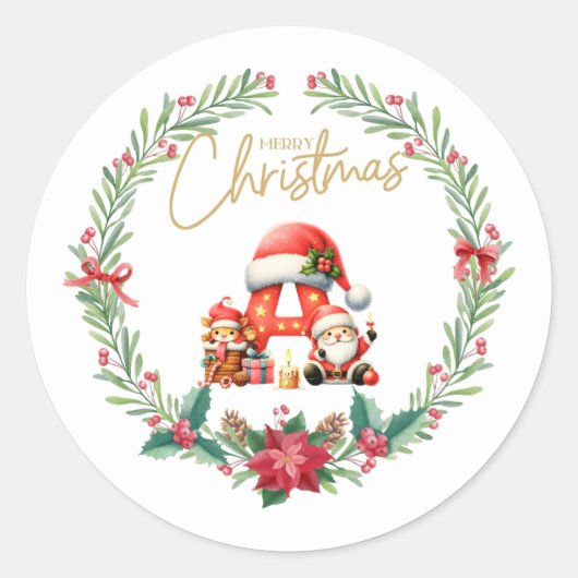 モノグラム文字A、クリスマスリース付/サンタクロース ラウンドシール (正面)