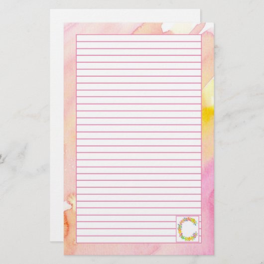 モノグラム文字Cピンク水彩花が並んだ 便箋 (正面/裏面)