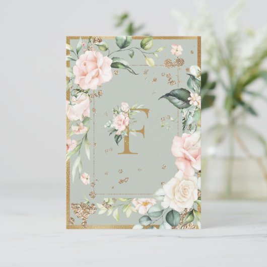 モノグラム文字Fエレガント緑フローラバラ サンキューカード (スタンド正面)