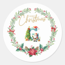 モノグラム文字G，サンタクロース付きクリスマスリース ラウンドシール