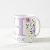 モノグラム文字Hおよび花と名前 コーヒーマグカップ (正面右)