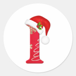 モノグラム文字I、サンタハットクリスマスステッカー ラウンドシール