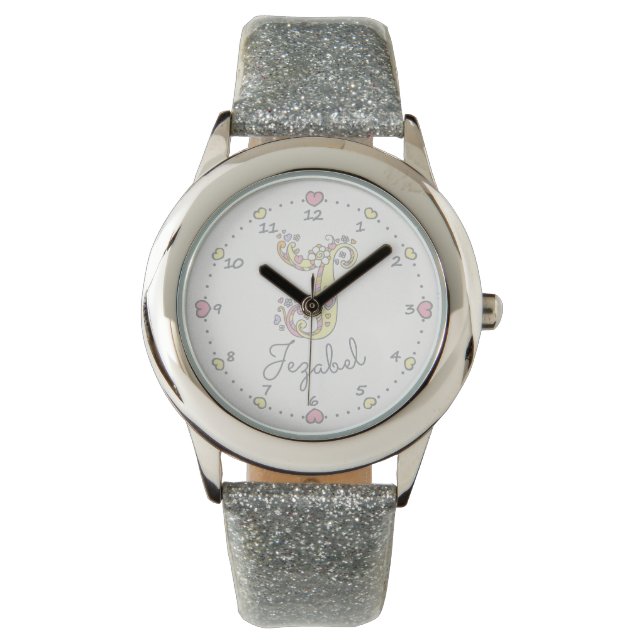 モノグラム文字Jドードルハートアート名Jezabel 腕時計 (正面)
