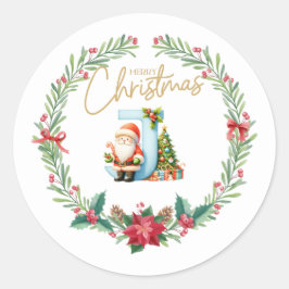 モノグラム文字J、クリスマスリース付/サンタクロース ラウンドシール