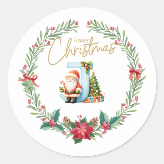 モノグラム文字J、クリスマスリース付/サンタクロース ラウンドシール (正面)