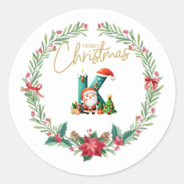モノグラム文字K、クリスマスリース付/サンタクロース ラウンドシール