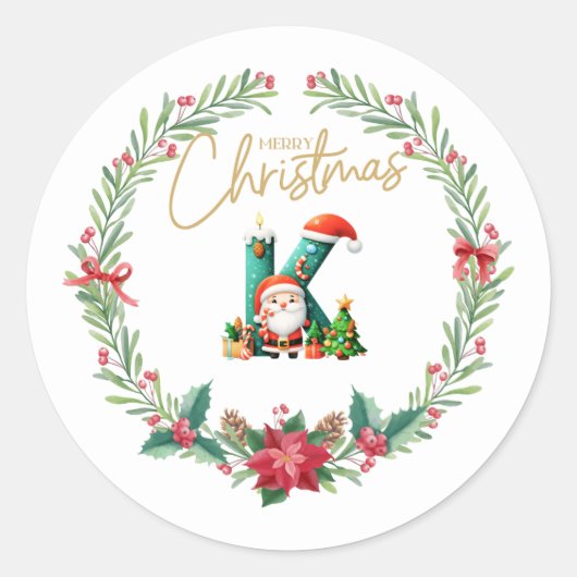 モノグラム文字K、クリスマスリース付/サンタクロース ラウンドシール (正面)