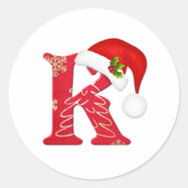 モノグラム文字K、サンタハットクリスマスステッカー ラウンドシール