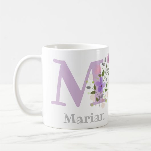モノグラム文字Mおよびクリスチャン名 コーヒーマグカップ (左)