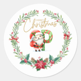 モノグラム文字P、クリスマスリース付/サンタクロース ラウンドシール