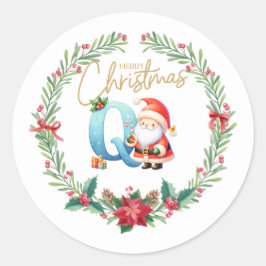 モノグラム文字Q、クリスマスリース付/サンタクロース ラウンドシール