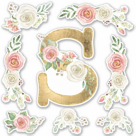 モノグラム文字Sピンクローズフローラリーフ水色 シール (正面)