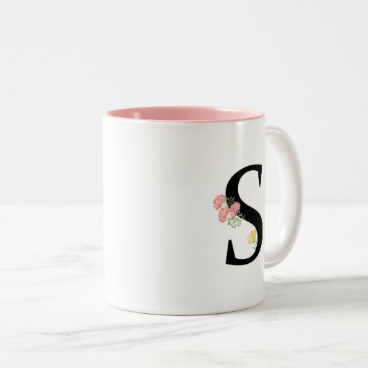 モノグラム文字S水彩の花にピンクの花束 ツートーンマグカップ (正面右)