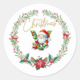 モノグラム文字V、クリスマスリース付/サンタクロース ラウンドシール