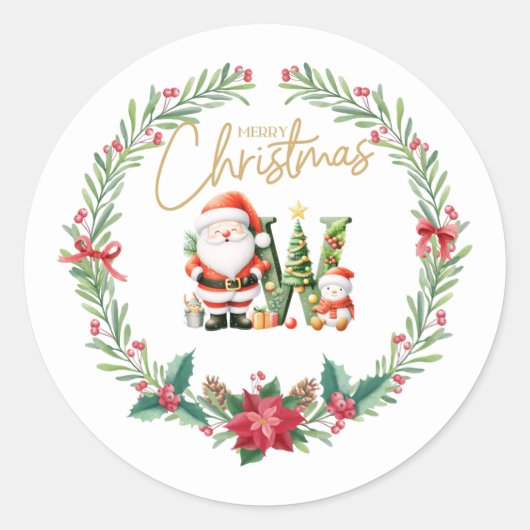 モノグラム文字W、クリスマスリース付/サンタクロース ラウンドシール (正面)