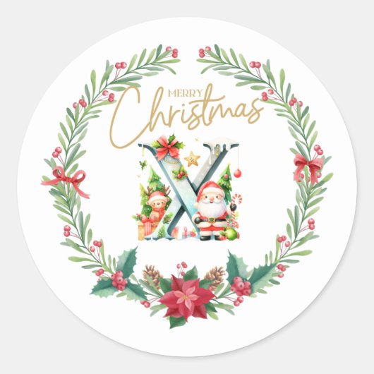 モノグラム文字X、クリスマスリース付/サンタクロース ラウンドシール (正面)