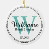 モノグラム新パーソナライズされた刻ティール（緑がかった色）グリーンミルグレイン セラミックオーナメント (裏面)