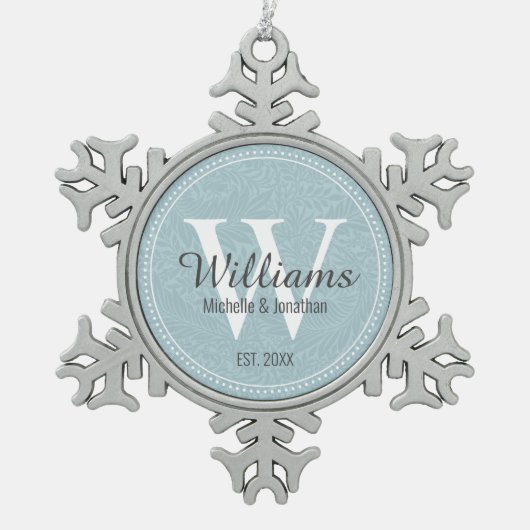 モノグラム新パーソナライズされた生ブルーフローラ スノーフレークピューターオーナメント (正面)