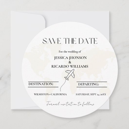 モノグラム旅行結婚のテーマは日付ラウンドを保存 招待状 (正面)