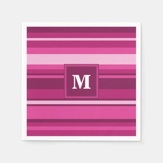 モノグラム明るい赤紫色ストライプ スタンダードカクテルナプキン (正面)