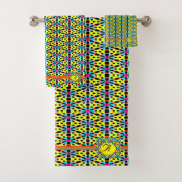 モノグラム明るい黄色/アクア/赤いストライプ三角形/三角形 バスタオルセット